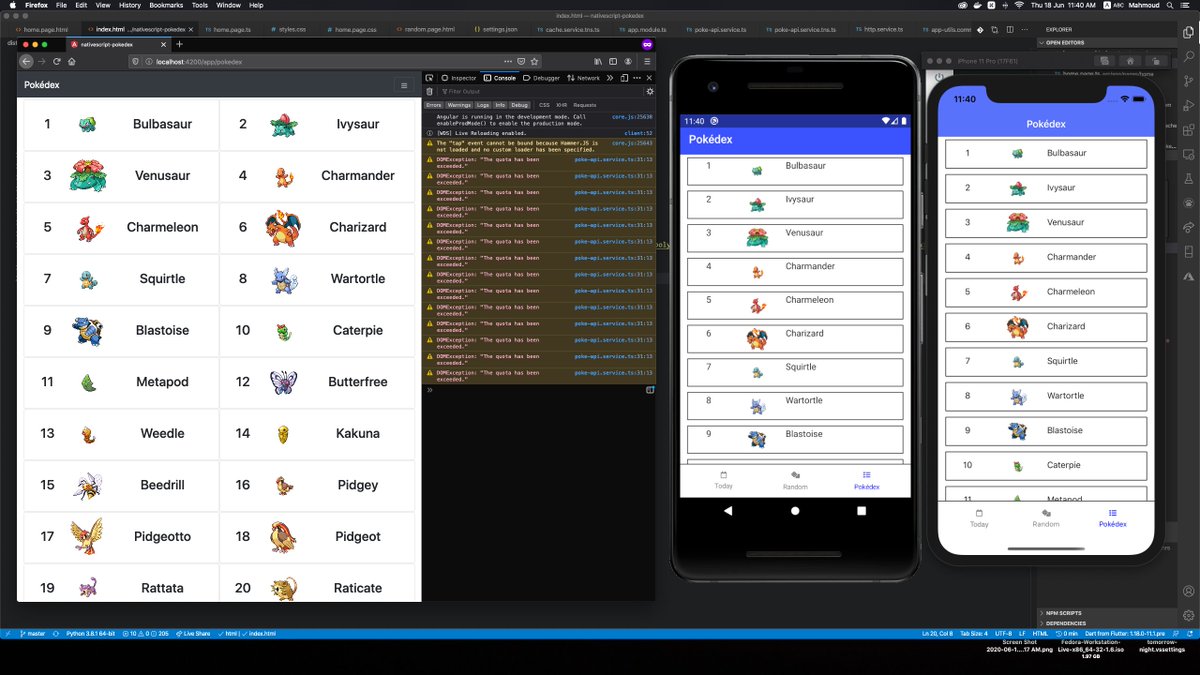 Screenshot of macOS screen with Firefox window, Android emulator, and, iOS simulator running NativeScript Pokédex proof of concept app